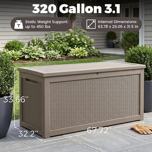 Outdoor Storage Box, 320 Gallon Waterproof Deck Box [Upgraded 3.1], Giant Resin Storage for King Cushions, Lockable Bench Chest, Estate Yard Garden BBQ Gathering, Grey