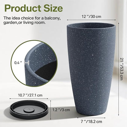 ZMTECH 2-Pack Large Tall Planters with Saucer - 6.8 Gallons /12x21 Inch Faux Stone Finish Round Flower Pots for Indoor Plants, Outdoor Patio & Porch Decor, Unbreakable Plant Containers (Dark Gray)
