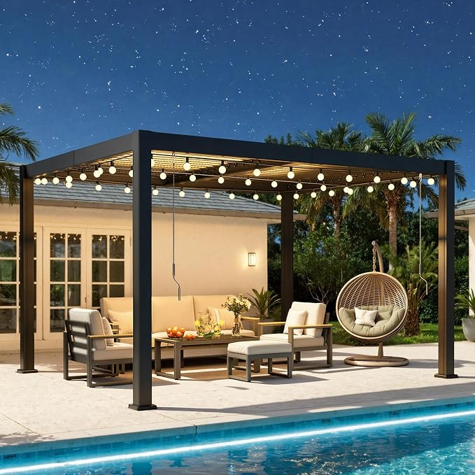 10' x 12' Louvered Pergola, Aluminum Frame Outdoor Pergola with Adjustable Louvered Roof & Integrated Gutter System, Hardtop Patio Gazebo for Backyard, Patio, Garden, Dark Gray