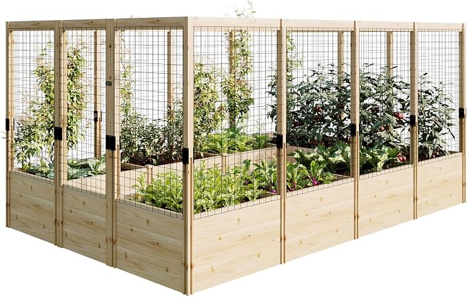 PaPaJet Wooden Raised Garden Bed for Outdoor, Deep Large Planter Box with Netting for Gardening, Vegetables, Flowers, Herbs（7.5× 11.8× 5.9FT）