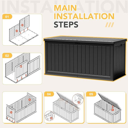 270 Gallon HDPE Deck Box Outdoor Indoor Waterproof Storage Box for Patio Furniture, Pool Accessories, Garden Tools, and Cushion Storage, Black
