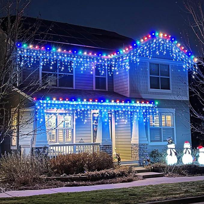 33ft Icicle Lights for Outside, Blue and White Christmas Lights Outdoor Indoor, 400 LED Twinkle String Light with 75 Drops Short Curtain Light for Thanksgiving Room Home Wall Bedroom Window Decoration