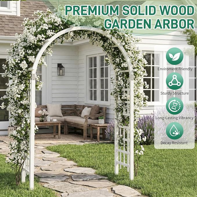 Outvita 7Ft Wooden Garden Arbor Arch, Wood Arbor Trellis, Pergola Archway for Wedding Ceremony Decoration Pergola Plant Climbing Rose Vines Lawn Courtyard Patio White