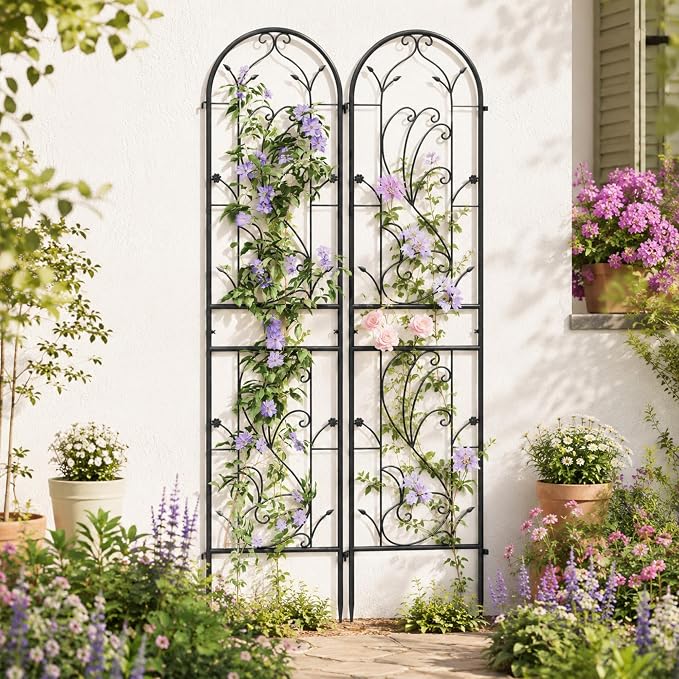 2-Pack 87" x 20" Sunflower Scroll Arch Black Metal Garden Trellises | Set of 2 rust-resistant trellises with Sunflower scrollwork, arched tops, and support for roses, vines, or vegetables
