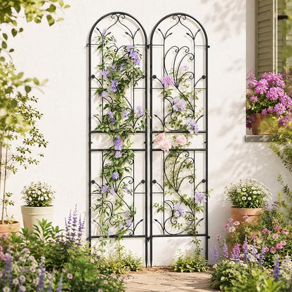 2-Pack 87" x 20" Sunflower Scroll Arch Black Metal Garden Trellises | Set of 2 rust-resistant trellises with Sunflower scrollwork, arched tops, and support for roses, vines, or vegetables