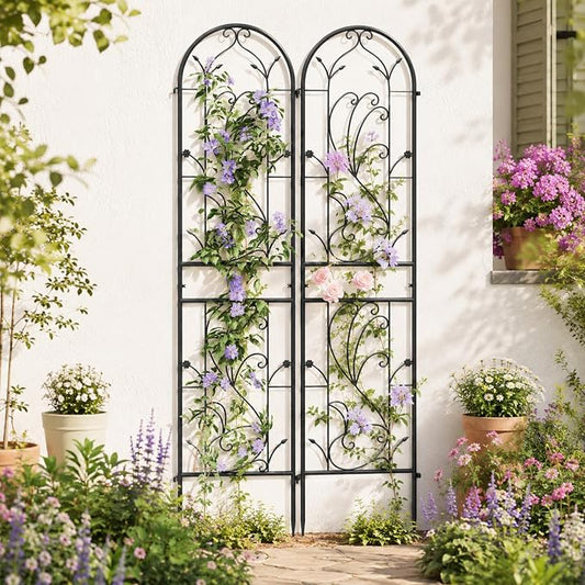 2-Pack 87" x 20" Sunflower Scroll Arch Black Metal Garden Trellises | Set of 2 rust-resistant trellises with Sunflower scrollwork, arched tops, and support for roses, vines, or vegetables