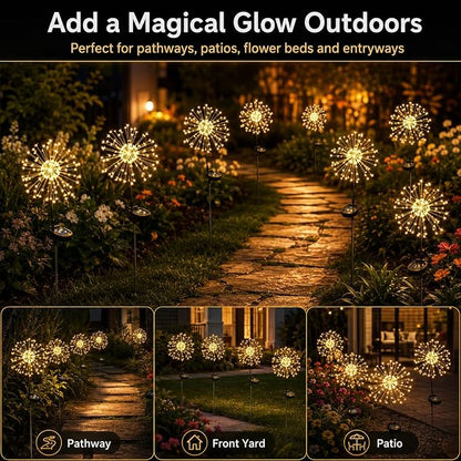JJGoo Outdoor Solar Lights Firework, 2 Pack 120 LEDs Waterproof Solar Lights for Outside Garden Yard Pathway Fence - Warm White