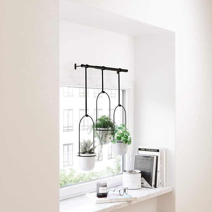Umbra Triflora Hanging Planter for Window, Indoor Herb Garden, Set of 3, White/Black (Pack of 3)