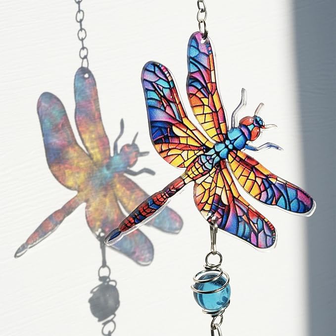YU FENG Dragonfly Wind Chime with Crystal Suncatcher, Memorial Garden Decor | 21 Inch Colorful Metal Chime, Dragonfly Design, Lucky Remembrance Gift, Outdoor Patio Yard Hanging Ornament