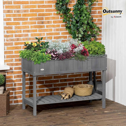 Outsunny 43x18x30in Raised Garden Bed with 8 Pockets and Shelf, Wooden Elevated Planter Box with Legs to Grow Herbs, Vegetables, and Flowers, Dark Gray
