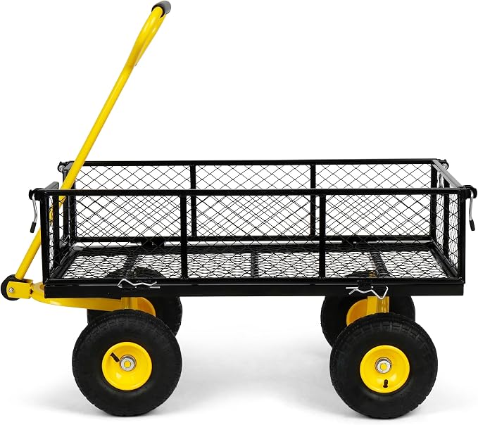 Simpli-Magic Heavy Duty 1100 Lbs Capacity Mesh Steel Garden Cart Folding Utility Wagon Yard Cart with Removable Sides and Large Wheels