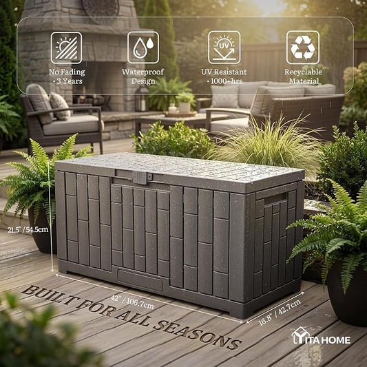 YITAHOME 60 Gallon Outdoor Storage Box | Waterproof Resin Deck Box with Slide-Locking Lid, Patio Storage Bin and Bench Seat for Patio Furniture, Garden Tools and Pool