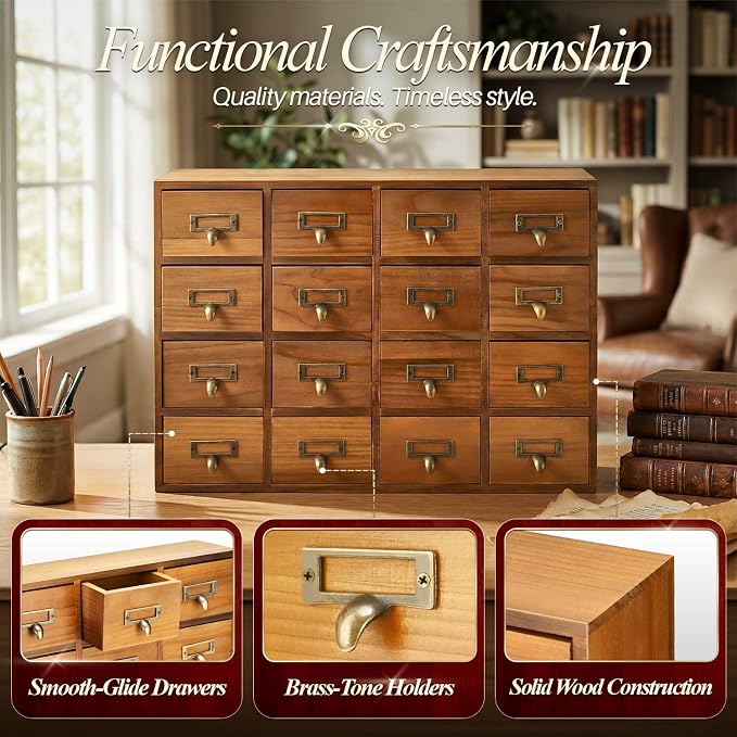 Flexzion Apothecary Cabinet with Drawers - 16 Vintage Drawers, Card Catalog Cabinet, Brown Wooden Tabletop Desktop Organizer for Home Office, Jewelry, Makeup, Tools & Small Item Storage