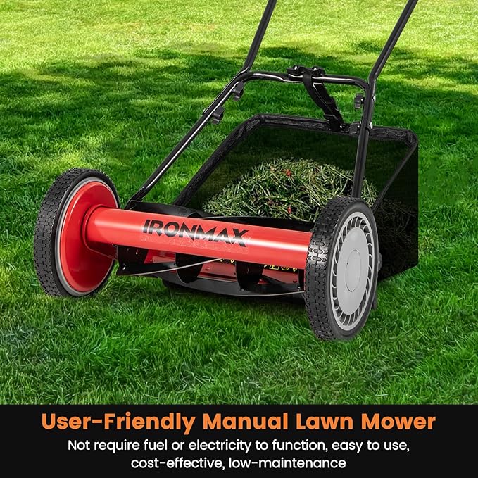 IRONMAX Lawn Mower, 16 Inch Push Reel Lawn Mower with 5 Steel Blades, Adjustable Cutting Heights, Grass Catcher Bag, Walk-Behind Manual Lawnmower for Garden Park Yard, No Motor (Red, 16 Inch)