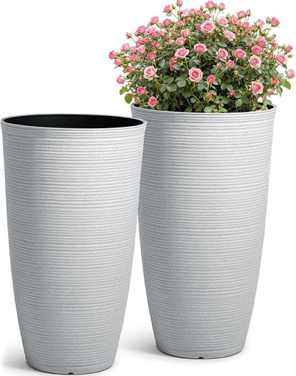 2-Pack 23.5" White Plastic Tall Tapered Planters with Ribbed Texture | Set of 2 PP tall planters with white faux terrazzo look, ribbed texture, drainage plugs, and UV-treated finish for porch