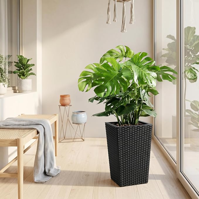 Garvee Set of 2 Tall Rattan Planters, 16 Inch Black Planters for Indoor Outdoor Plants, Flower Pots with Drainage & Water Level Window for Porch, Patio & Balcony