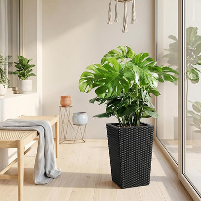 Garvee Set of 2 Tall Rattan Planters, 16 Inch Black Planters for Indoor Outdoor Plants, Flower Pots with Drainage & Water Level Window for Porch, Patio & Balcony