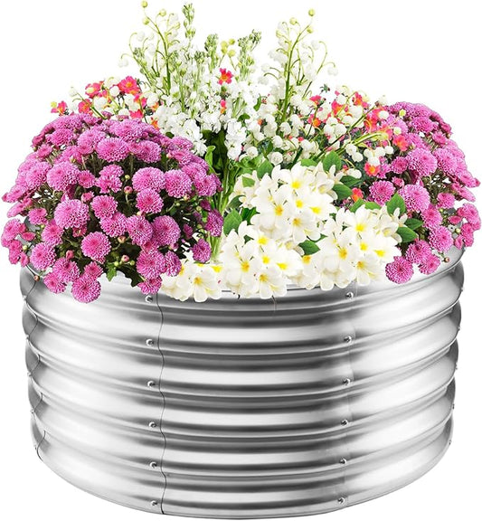TBMLC 17" Tall Elevated Round Metal Rised Garden Bed- 2.7'x2.7' in Size and 0.8MM Thick Durable Planter Box for Vegetables Flowers Succulent at Patio/Garden Outdoor (Silver, 2.7FT Diameter)