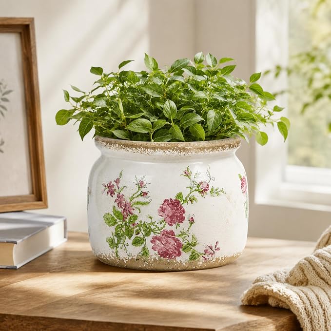 Dosayes Large Ceramic Pot for Planters, Ice Crack Glazed Flower Pot with Drainage Holes,5.91inch Vintage Planters for Indoor and Outdoor (Pink)