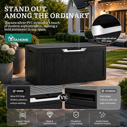 YITAHOME 80 Gallon Outdoor Storage Box | Large Water Resistant Resin Deck Box w/Silver Decorative PVC Trim Panel, Lockable Rattan Storage Container for Patio, Garden