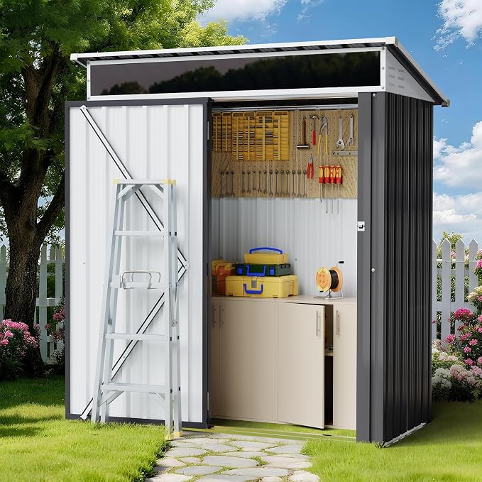 Shintenchi 5x3 FT Outdoor Storage Shed with Window, Outdoor Waterproof Storage Shed Metal Garden Shed with Lockable Single Door,Weather Resistant Tool Storage House Shed for Garden,Backyard,Steel Gray