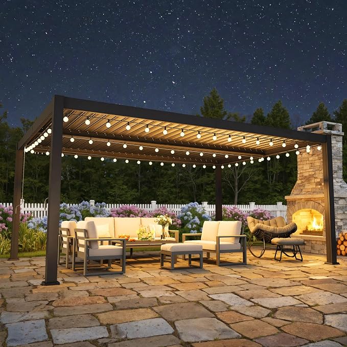 Louvered Pergola, 12' x 16' Outdoor Pergola, Aluminum Frame Patio Gazebo with Adjustable Louvers Roof and Integrated Gutter System, Outdoor Hardtop Gazebo for Patio, Backyard, Deck, Garden, Dark Gray