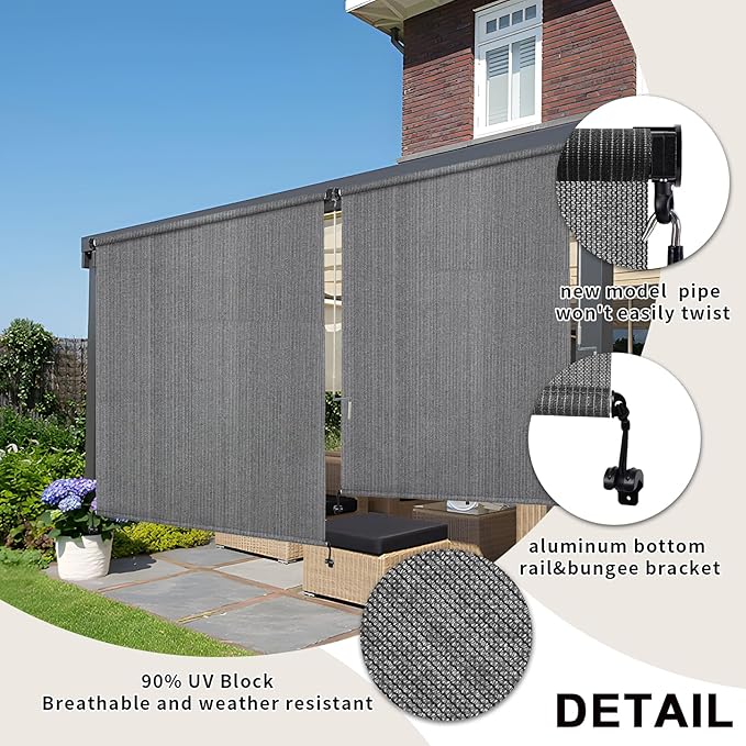 KANAGAWA Outdoor Roller Shade 12'X8' Light Grey Exterior Cordless Patio Roll Up Shades for Outside Pergola Porch, Outdoor Blinds for Patio