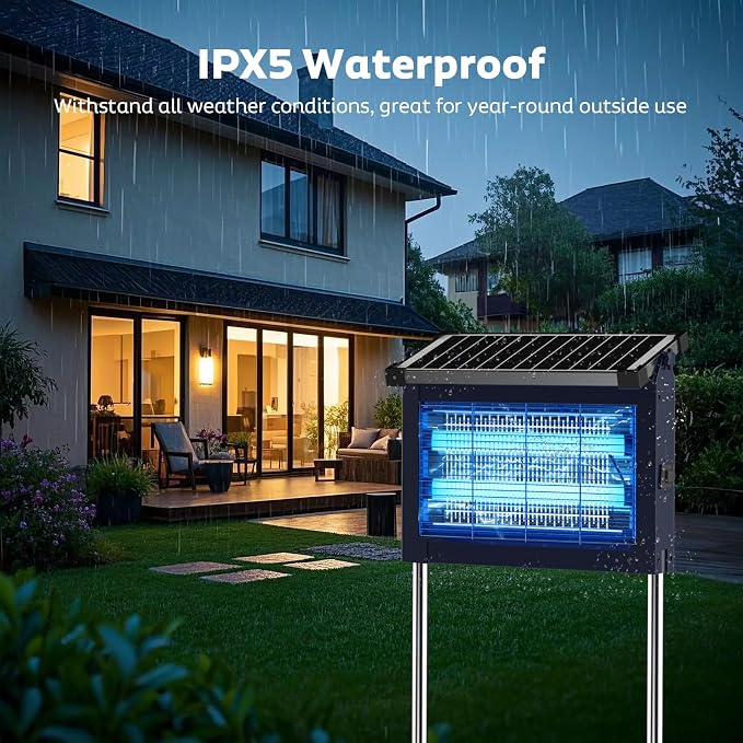 OnBeam Solar Bug Zapper Outdoor, 4500V Fly Zapper with Projector Lights | 10W Solar Panel, USB-C Charging, IPX5 Waterproof, Auto Mode, Wide Coverage, Mosquito Zapper for Backyard, Patio, Garden