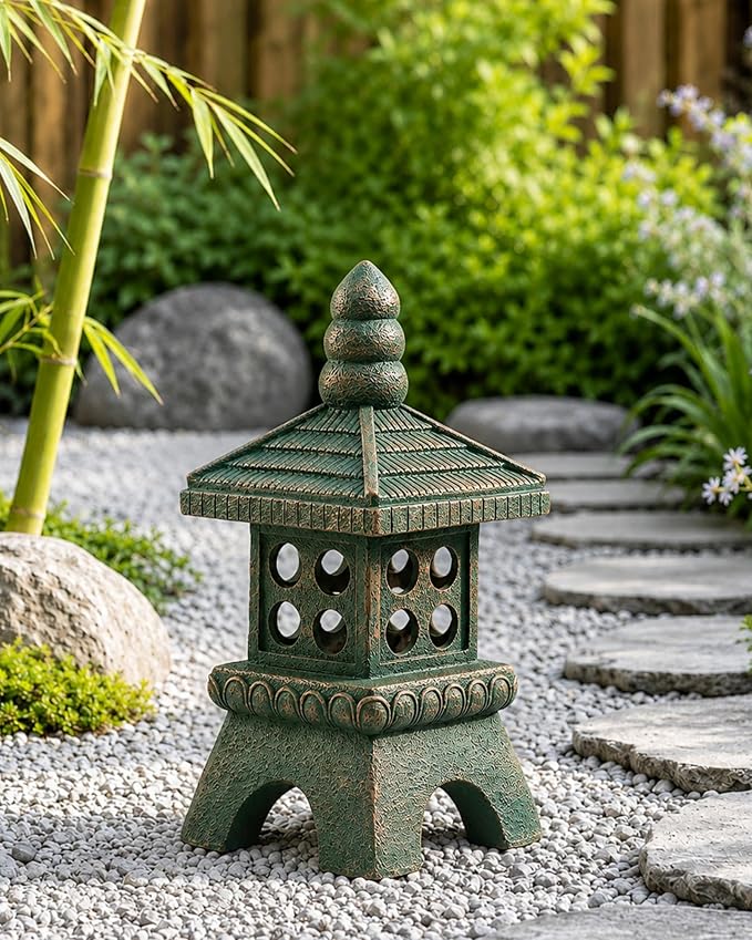 Nacome Solar Pagoda Garden Statues:15.7 inches Outdoor Weatherproof Resin Zen Decor for Landscape Balcony Patio Porch Yard Ornament(Bronze)