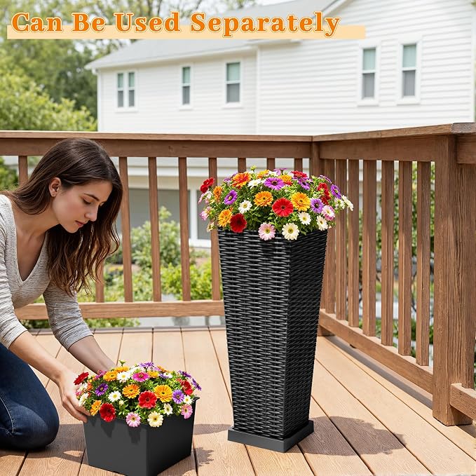 Greesum 23 Inch Tall Plastic Planters with Detachable Inner Pot & Drainage Holes (Set of 2), Large Outdoor Flower Pots for Plants, Trees, Patio, and Garden, Black