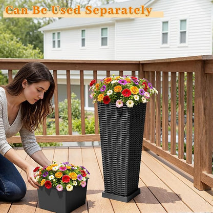 Greesum 23 Inch Tall Plastic Planters with Detachable Inner Pot & Drainage Holes (Set of 2), Large Outdoor Flower Pots for Plants, Trees, Patio, and Garden, Black