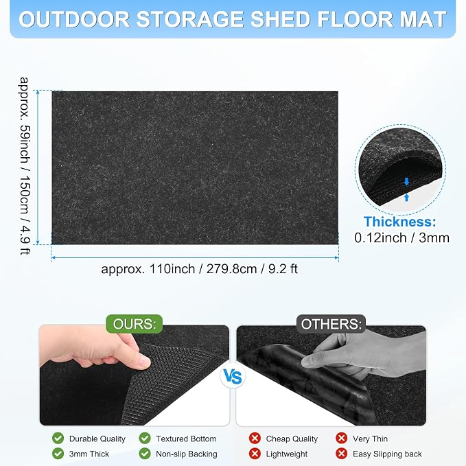 M METERXITY 3 mm Thickened Outdoor Storage Shed Mat, 4.9x9.2 ft Waterproof Shed Flooring Mat for Patio Furniture Floor Protecting from Wear/Liquid/Dust/Oil, Non-Slip Felt Rubber Rug Pad [Grey]