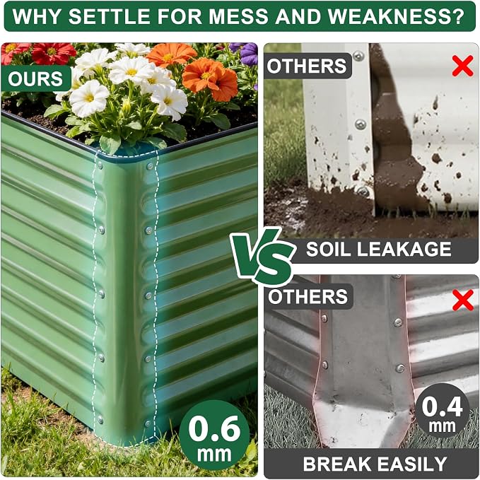 6x3x2 Ft Galvanized Steel Raised Garden Bed, Green, 1 Pack | Patented Leak-Proof, Planter Box, Metal Construction, For Veggies, Herbs & Flowers