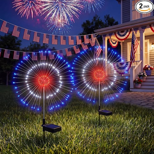 Red White Blue Solar Lights Outdoor, 4th of July Decorations, 2 Pack 150LED Solar Firework Patriotic Decor, Fourth of July Fairy Lights with 8 Modes for Yard Garden Pathway Patio Independence Day