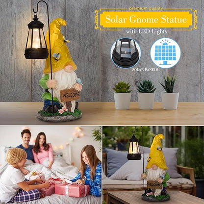 Solar Garden Gnome Statue with Lantern - Hand-Painted Resin Gnome Decor, IP44 Waterproof Outdoor Figurine for Yard Patio Porch, for Mom Women Housewarming Christmas