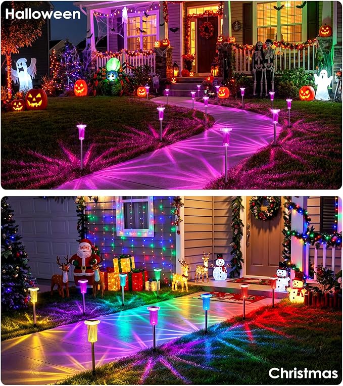 DenicMic Solar Lights Outdoor Waterproof 8 Pack 10 Modes Halloween Decor | 3000K/4000K/6000K/6 Fix Color/Color Changing LED Pathway Yard Garden Walkway Driveway, Acrylic Lampshade Stainless Steel Pole