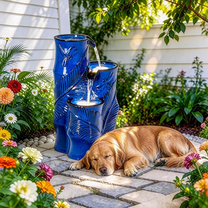 Autodaya 25.5" Ceramic Outdoor Water Fountain with LED Lights, Bamboo-Style | Unique Cobalt Blue Natural Leaf Dragonfly Texture Water Feature, 3-Tier Cascading Waterfall for Garden Patio Yard Relax Oasis