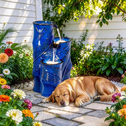 Autodaya 25.5" Ceramic Outdoor Water Fountain with LED Lights, Bamboo-Style | Unique Cobalt Blue Natural Leaf Dragonfly Texture Water Feature, 3-Tier Cascading Waterfall for Garden Patio Yard Relax Oasis