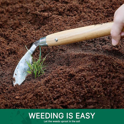 Berry&Bird Stainless Steel Bent Angle Gardening Sickle, Weed Scraper-Hoe with Ergonomic Ash Wood Handle, 12.67-Inch Blade for Weeding & Soil Loosening