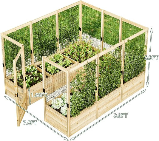 AMERLIFE Raised Garden Bed with 19" Depth Planter Box, Outdoor Wooden Raised Garden Bed Planter with Deer Proof Fence, 7.5Wx9Dx6H, for Vegetables, Flowers and Herbs