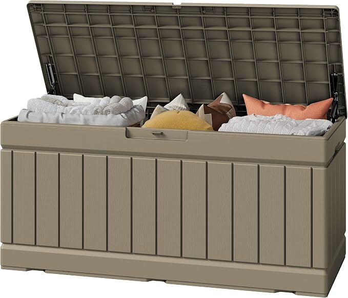 Greesum Outdoor Storage Box 82 Gallon Storage Bin with Lid for Patio Furniture, Garden Tools, Pool Supplies, Waterproof and UV Resistant, Lockable, Coffee