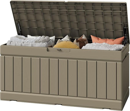 Greesum Outdoor Storage Box 82 Gallon Storage Bin with Lid for Patio Furniture, Garden Tools, Pool Supplies, Waterproof and UV Resistant, Lockable, Coffee