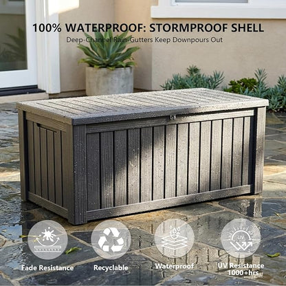 Outdoor Storage Box, 150 Gallon Waterproof Deck Box [Upgraded 3.1], Large Resin Storage with Hydraulic Gas Lifts for Cushions, Heavy Duty Lockable Bench Seat, Backyard Party, Black
