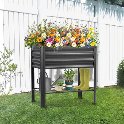 Raised Garden Bed with Legs and Shelf, 2pcs 32"x20"x31.5" Powder Coated Elevated Metal Planter with Legs for Outdoor Vegetables, Standing Raised Beds for Balcony, Patio, Lawn and Backyard
