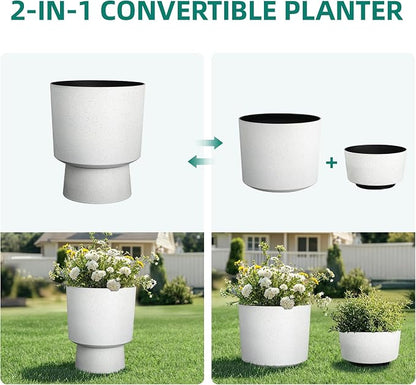 2-Pack 16.75" White Terrazzo Urn Planters with Detachable Bases | Set of 2 PP urn planters with white terrazzo finish, detachable bases, drainage plugs, and UV-treated surface for porch