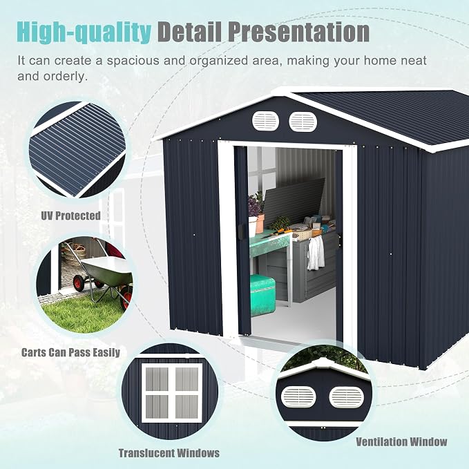 YOPTO 8x12 FT Outdoor Storage Shed, Metal Garden Shed with Window, Lockable Door & Sloped Roof, Large Waterproof Utility Tool Shed for Backyard, Garden, Patio, Lawn, Dark Gray