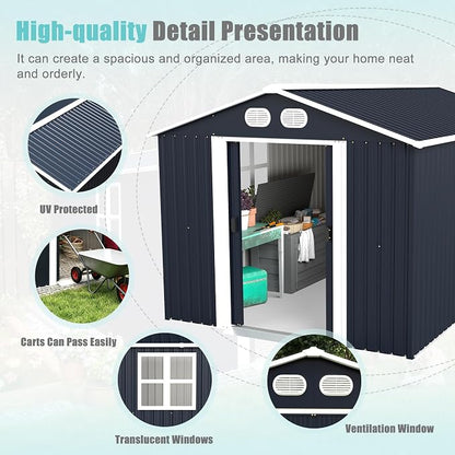 YOPTO 8x12 FT Outdoor Storage Shed, Metal Garden Shed with Window, Lockable Door & Sloped Roof, Large Waterproof Utility Tool Shed for Backyard, Garden, Patio, Lawn, Dark Gray