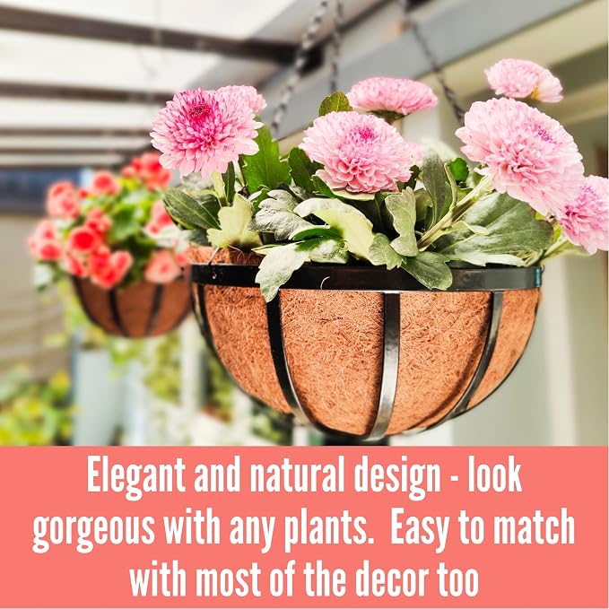 LaLaGreen Outdoor Hanging Baskets for Plants (14 Inch, 6 Pack) Large Black Hanging Planters with Coco Liner, Flat Iron Round Plant Metal Flower Pots for Deck Patio Porch Garden Balcony Outside Decor