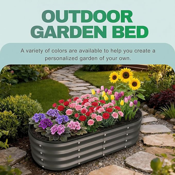 2PCS 4x2x1 FT Oval Metal Raised Garden Bed Kit, Open Bottom Design Elevated Garden Planter Box Outdoor, Trough Planter for Outdoor Plants, Flower, Vegetables, Fruit, Herbs (Dark Gray)