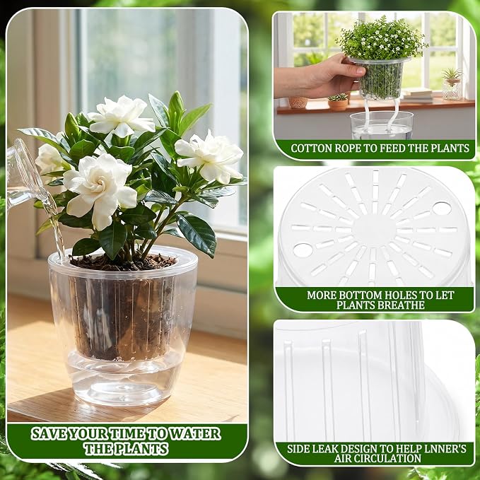 36 Pcs Self Watering Pots 3.5 Inch, 4.3 Inch Plastic Flower Plant Pot with Inner Pot Self Watering Wick Planter White Clear Flower Pots for Indoor House Plants Herbs, Flowers, (Transparent)